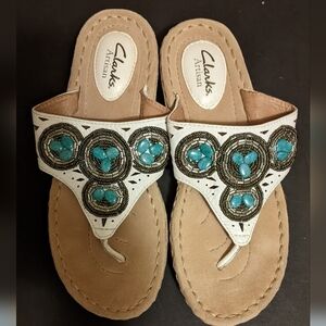 Clarks Artisan Sandals White With Turquoise Accents.
